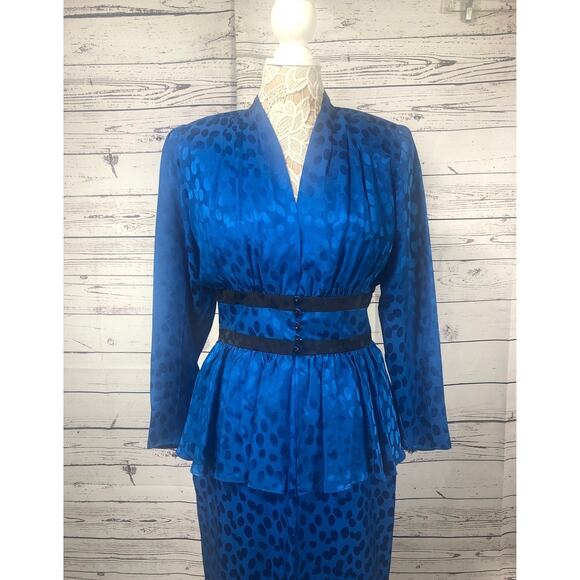 Vintage Silk Studio Blue & Black polkadot fitted waist top & skirt size 12 - Picture 10 of 12